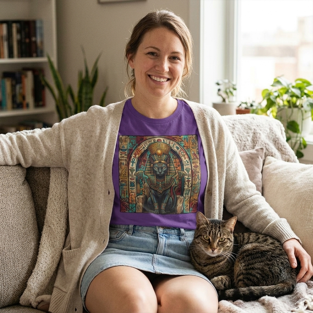 Egyptian Pharaoh Cat Illustration Tee | Ancient Feline, Hieroglyphic Frame