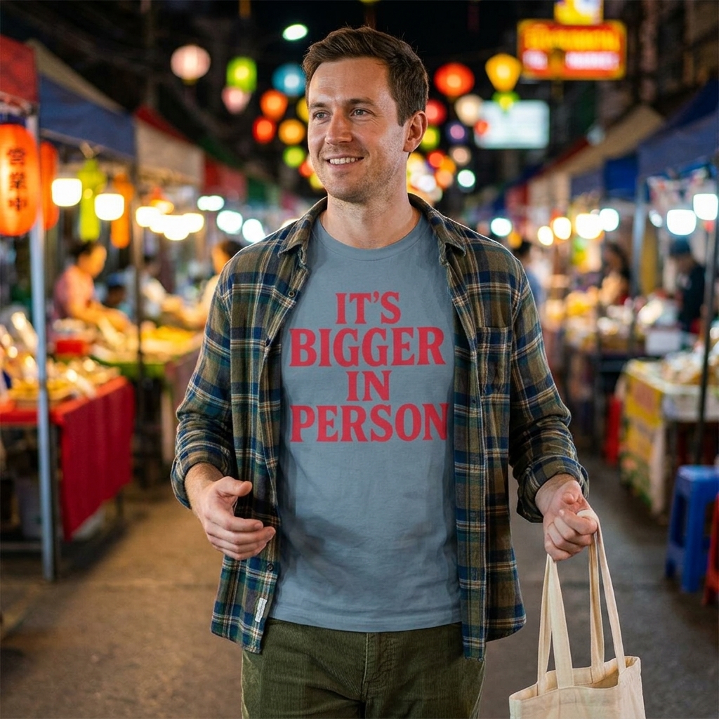It’s Bigger In Person T-Shirt | Red Text Graphic Tee, Funny Statement Shirt