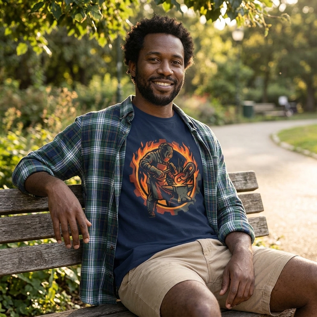 Blacksmith Forge Illustration Tee | Flaming Anvil Mechanic Worker Graphic
