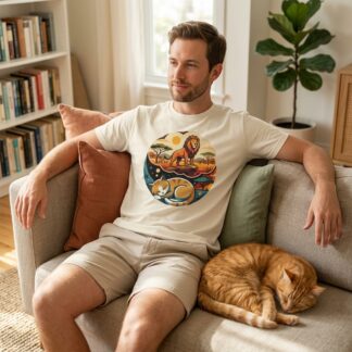 Cat Dreaming of Being a Lion Circle Illustration T-Shirt lifestyle photo