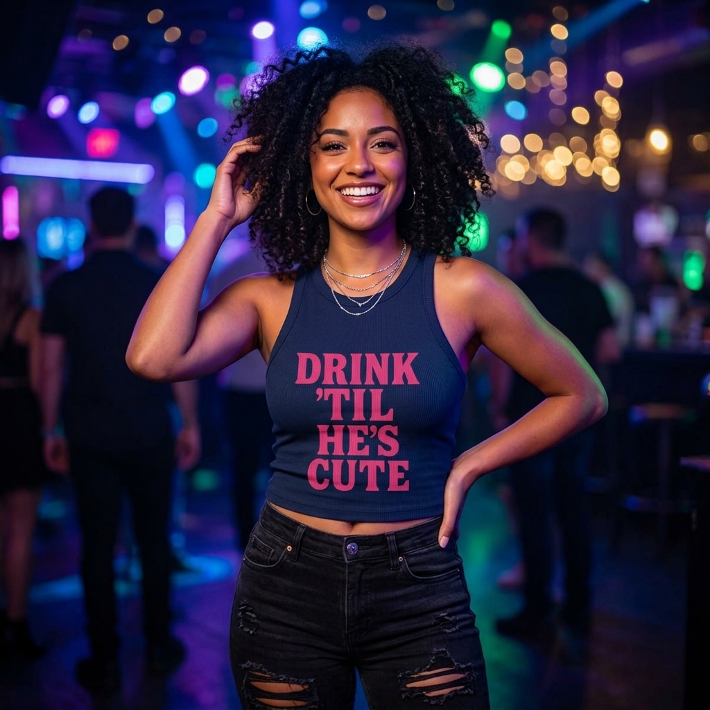 Drink ‘Til He’s Cute Micro Rib Racerback Tank Top | Funny Slogan, Pink Block Text