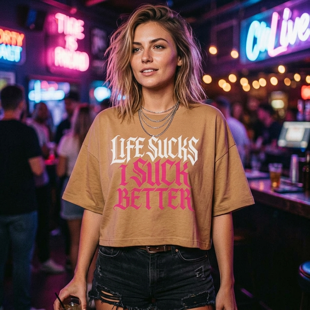 Life Sucks I Suck Better crop tee lifestyle photo