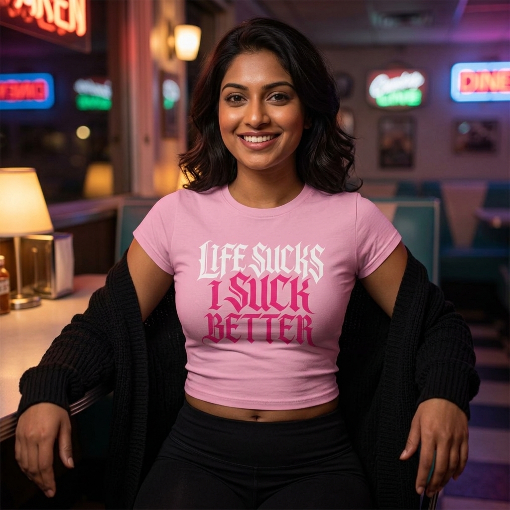 Life Sucks I Suck Better Crop Baby Tee lifestyle photo