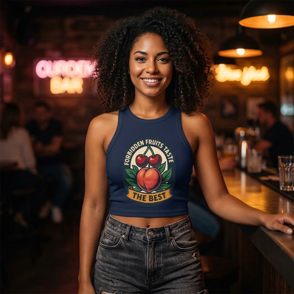 Forbidden Fruits Taste The Best micro rib racerback tank top | Peach Cherry badge graphic