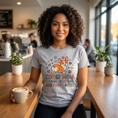 Corgi Mom Running on Caffeine and Fluffy Butts Tee lifestyle photo