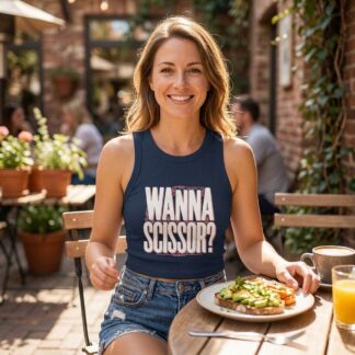 Wanna Scissor? Micro rib racerback graphic tank lifestyle photo