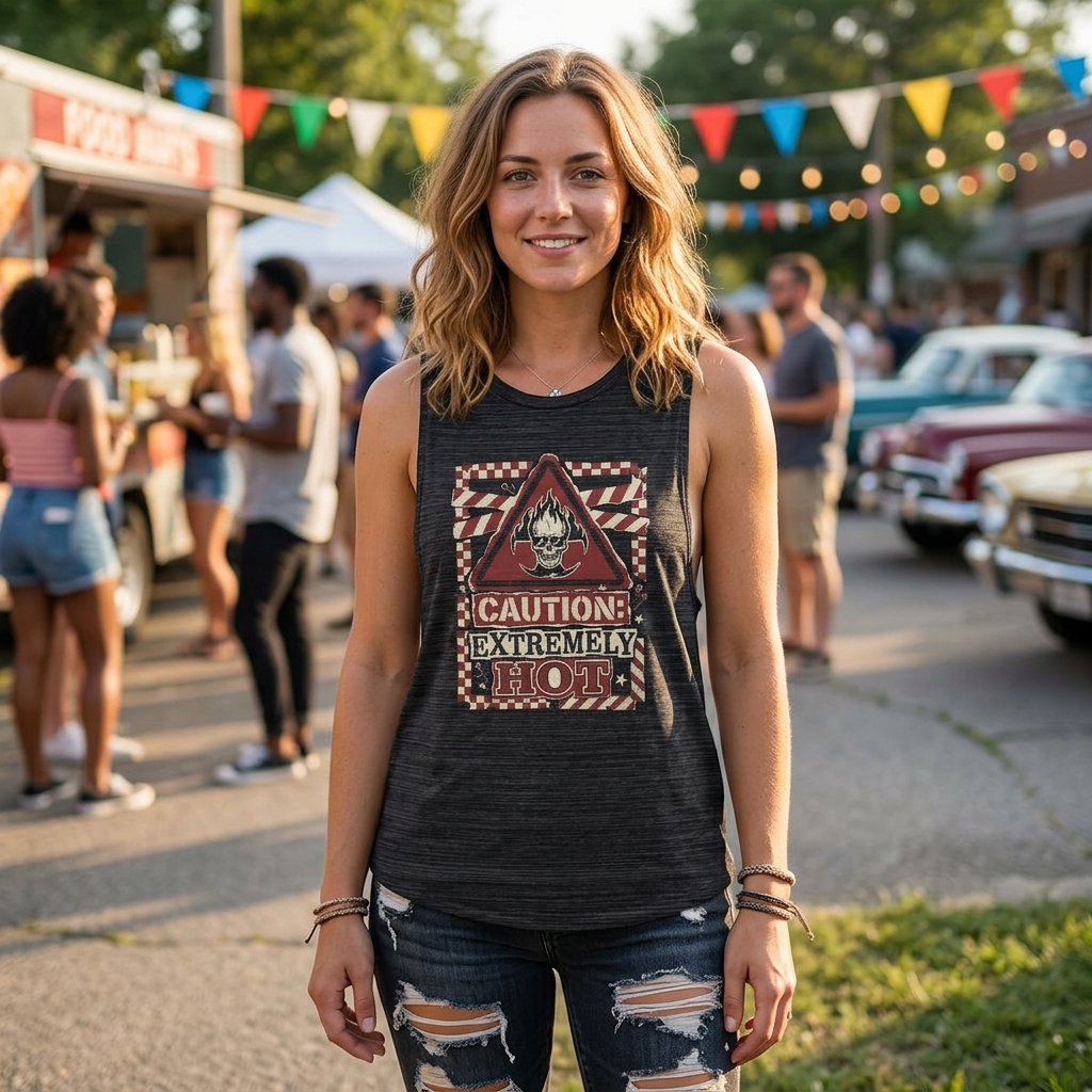 Caution Extremely Hot graphic flowy scoop tank lifestyle photo