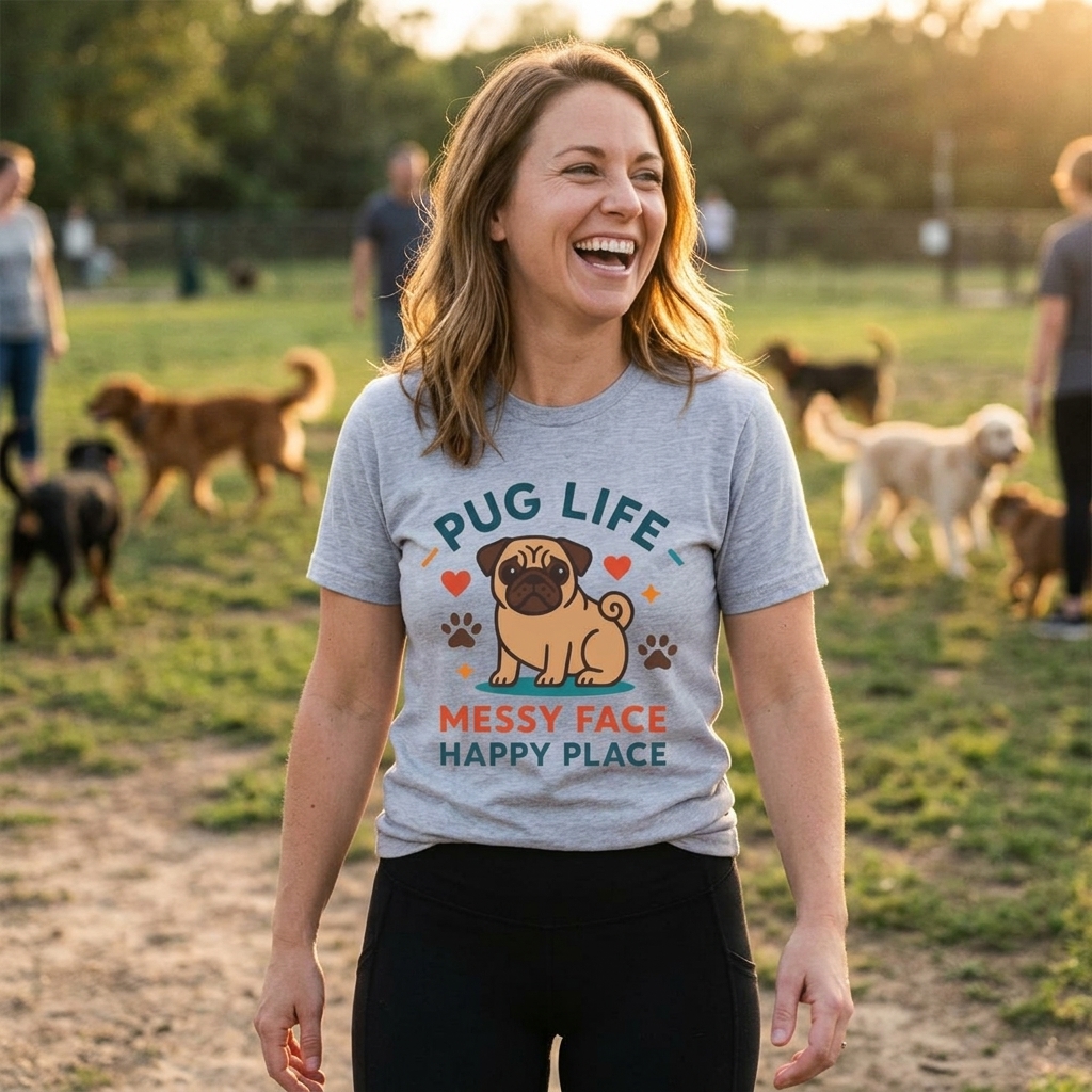 Pug Messy Face Happy Place T-Shirt | Pug Dog Graphic Tee