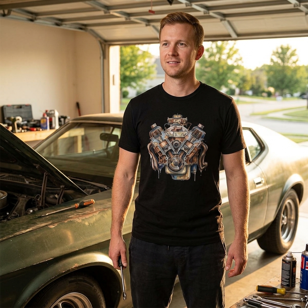 Vintage V8 Engine Illustration T-Shirt | Mechanic Motor Art Tee