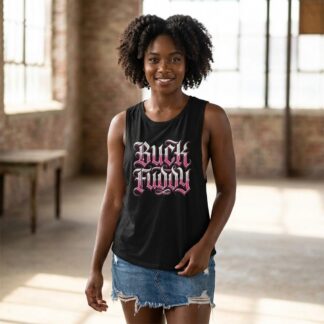 Buck Fuddy graphic flowy scoop tank lifestyle photo