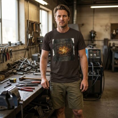 Fiery Welder's Mask T-Shirt lifestyle photo