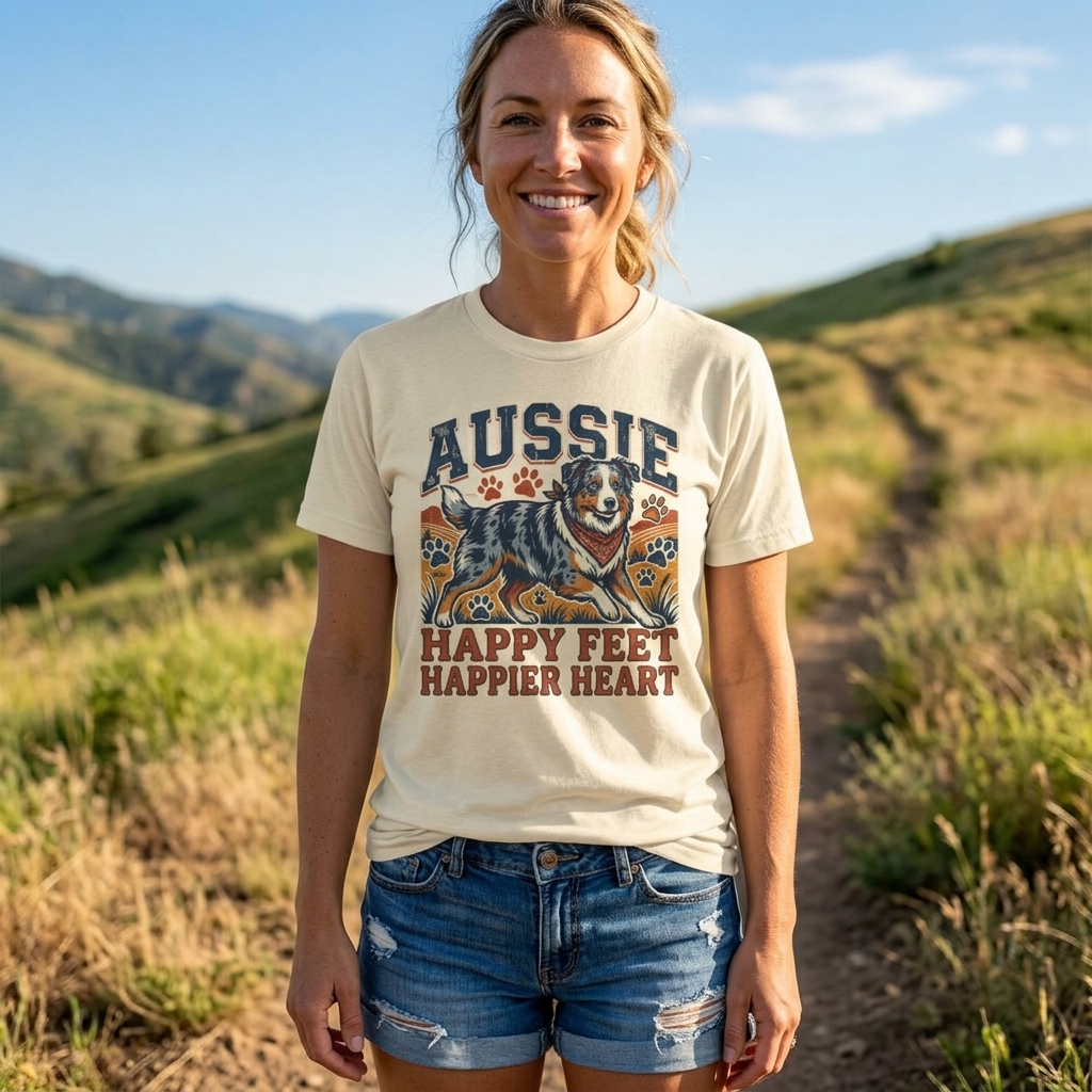 Aussie Happy Feet Happier Heart Tee | Australian Shepherd Dog Shirt