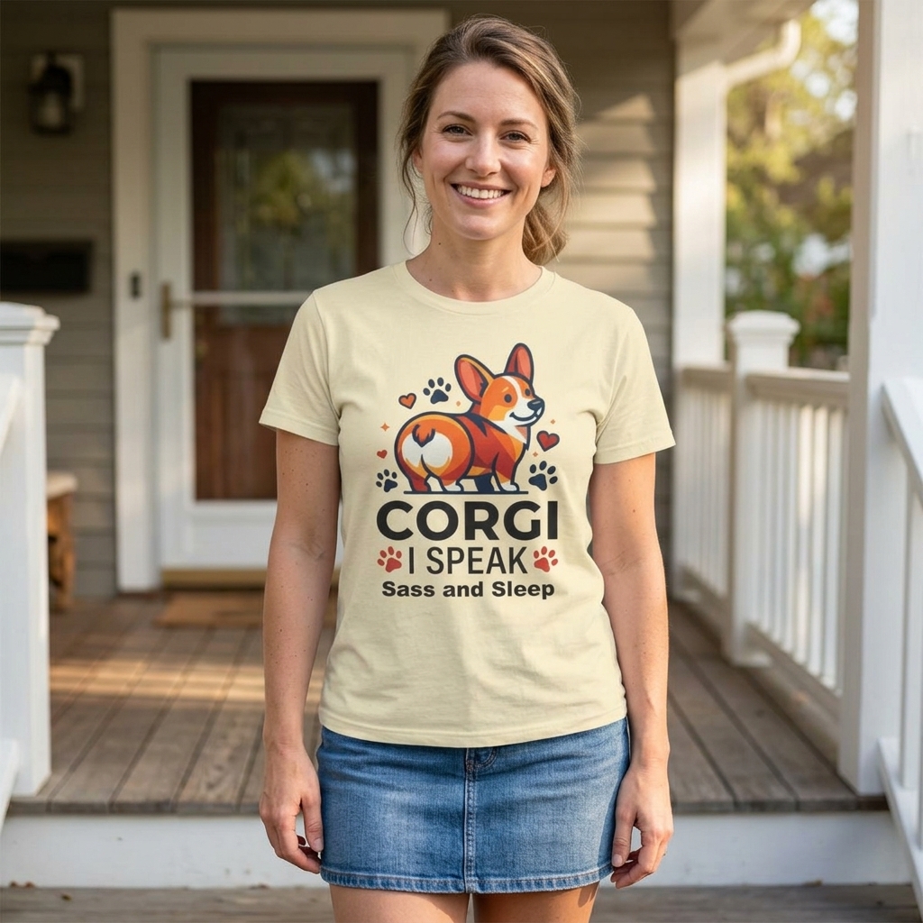 Corgi I Speak Sass and Sleep Tee | Cute Pembroke Welsh Corgi Illustration, Paw Prints