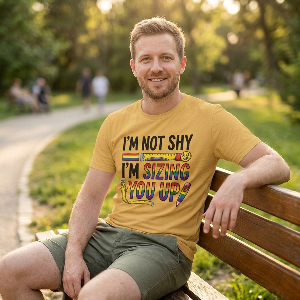 I’m Not Shy I’m Sizing You Up T-Shirt | Measuring Tape Graphic, Rainbow Text