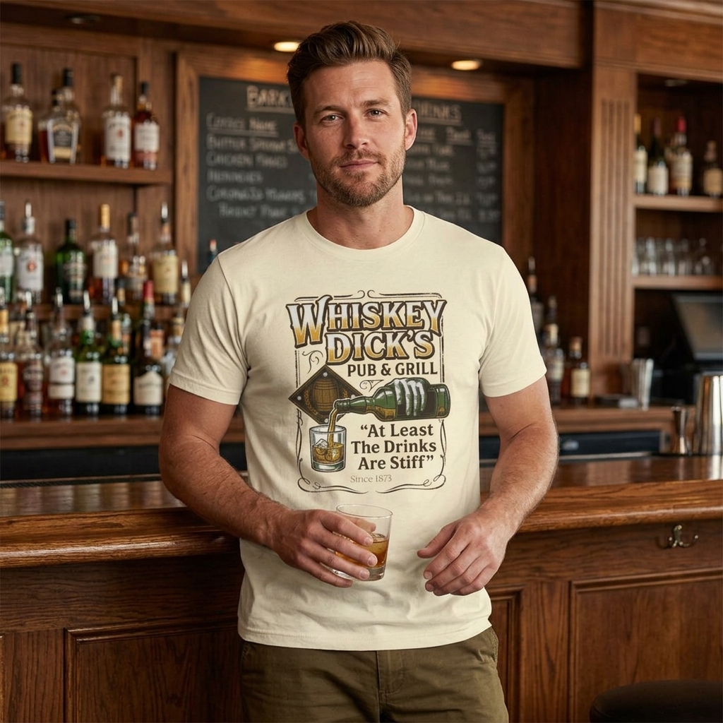 Whiskey Dick’s Pub & Grill Tee | Whiskey Glass Pouring Illustration