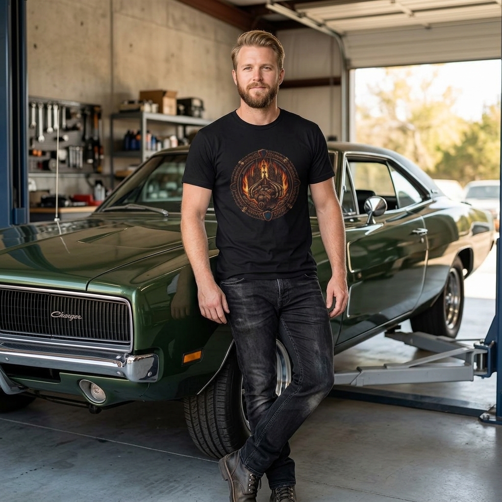 V-8 Engine Cathedral of Fire Tee | Motor Flaming Emblem