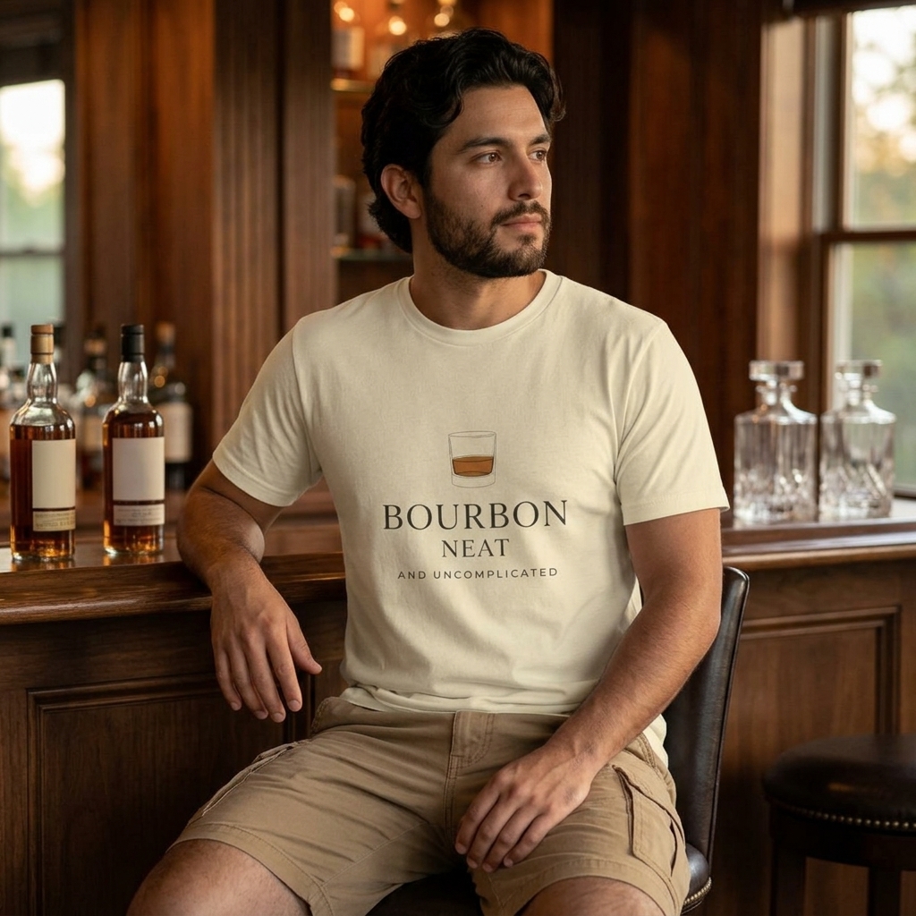 Bourbon Neat and Uncomplicated tee | Whiskey glass illustration, minimalist typography