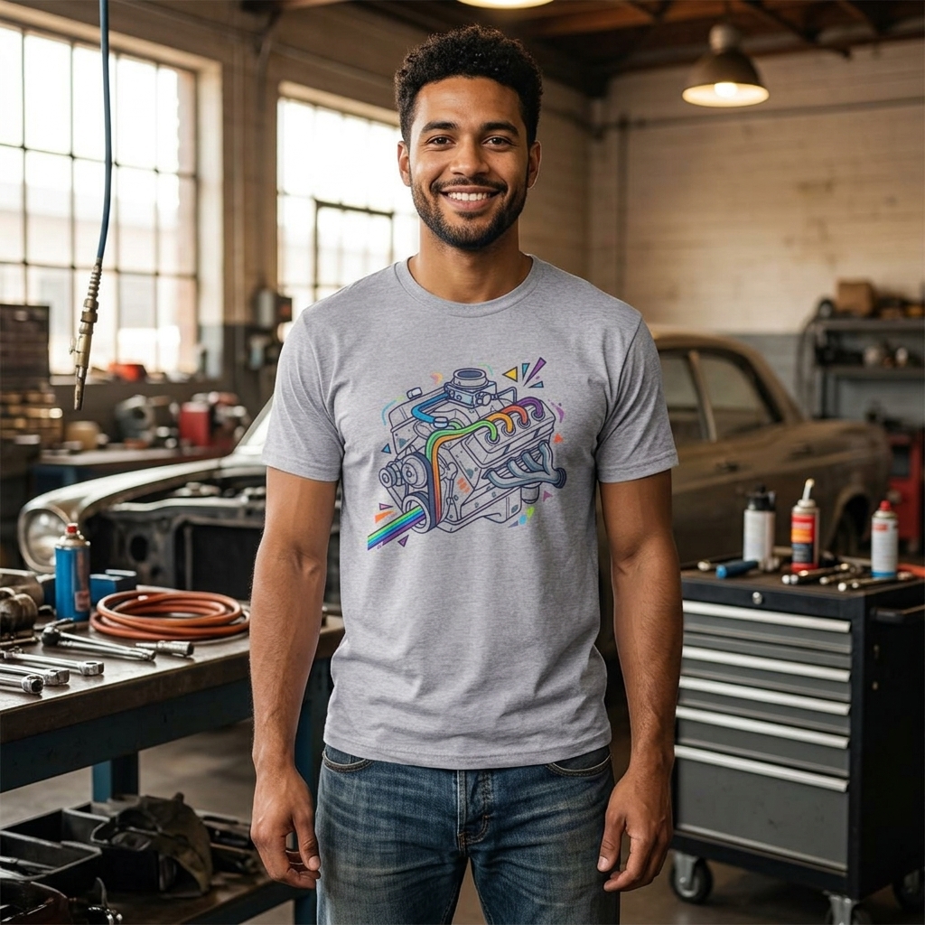 Rainbow V8 Engine Tee | Colorful Line Art Mechanic Shirt