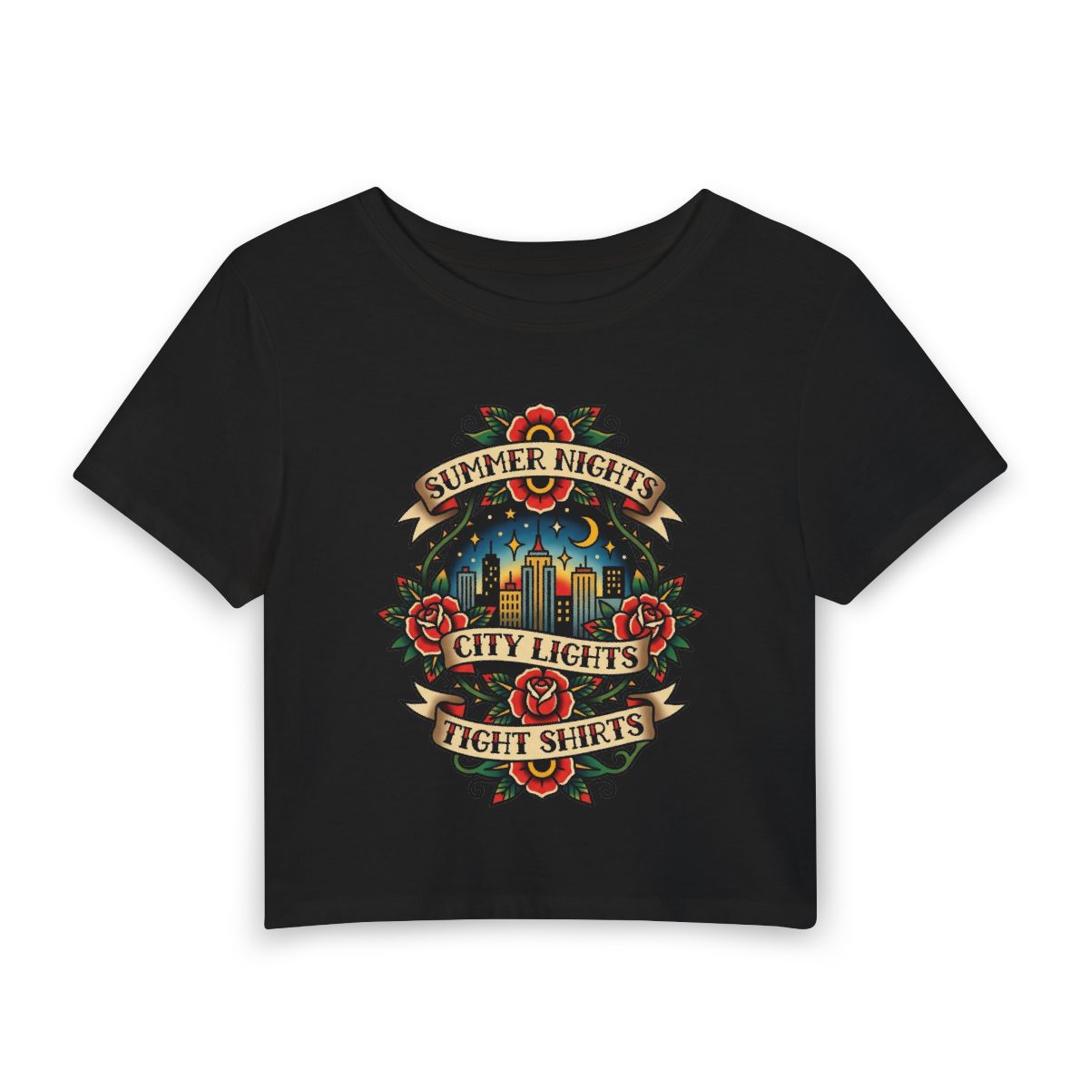 Summer Nights City Lights crop tee | Vintage rose tattoo skyline - Image 3