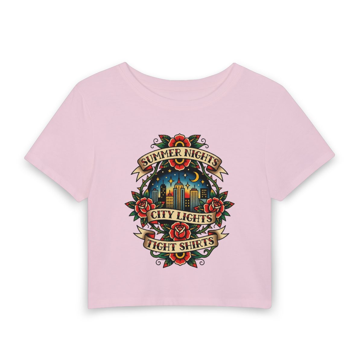 Summer Nights City Lights crop tee | Vintage rose tattoo skyline - Image 4