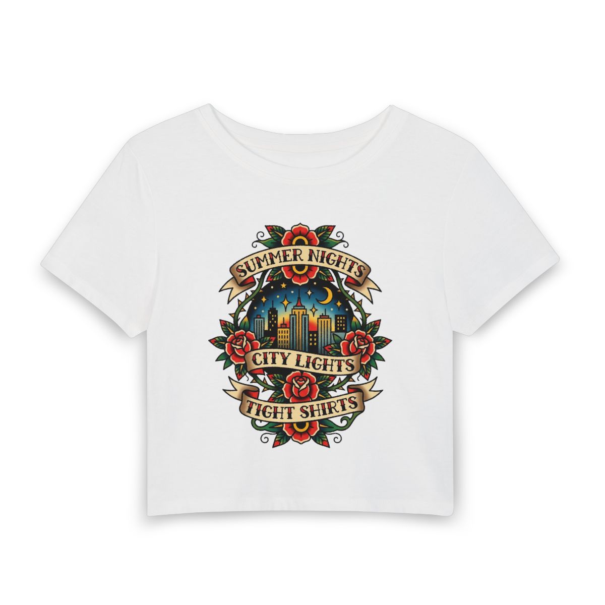 Summer Nights City Lights crop tee | Vintage rose tattoo skyline - Image 5