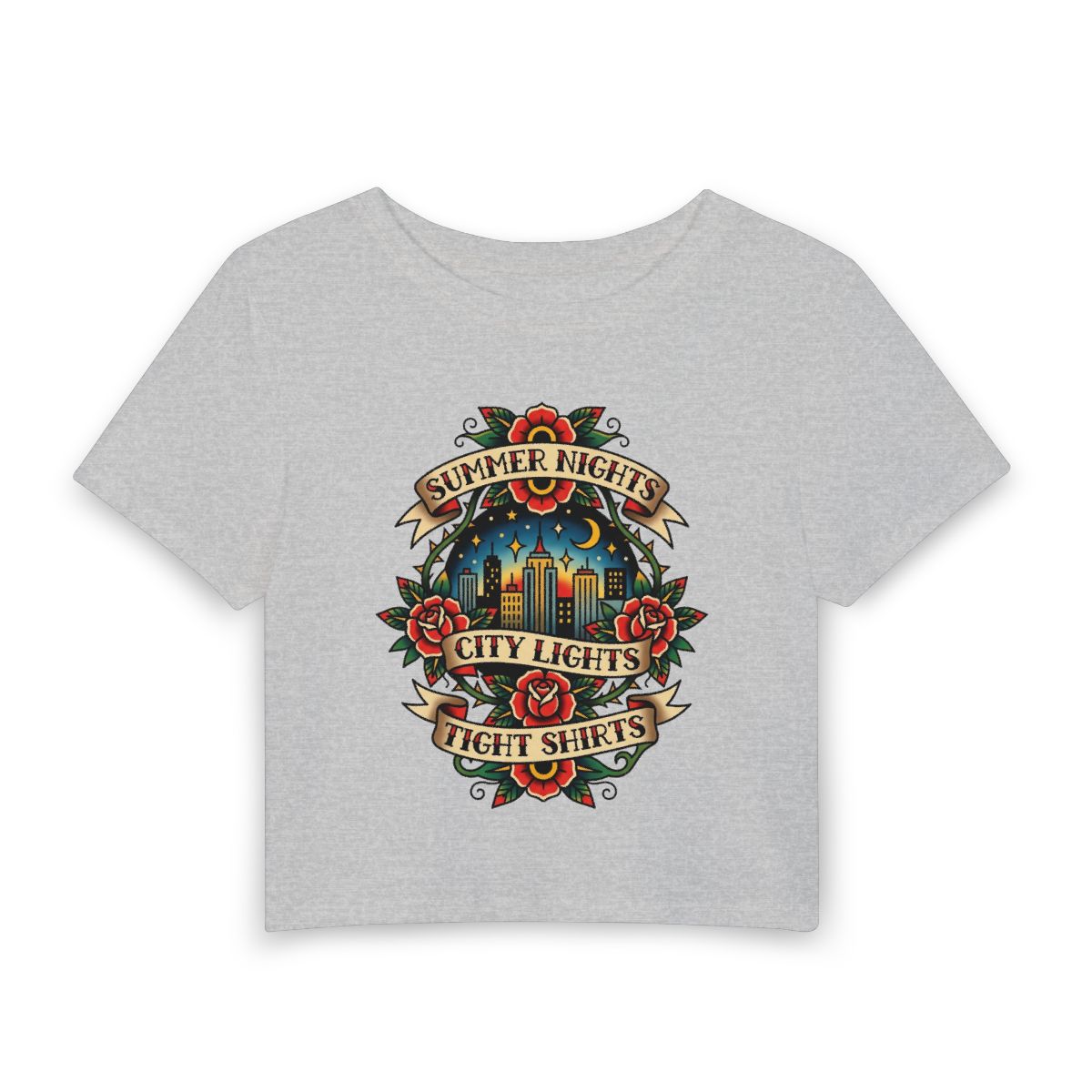 Summer Nights City Lights crop tee | Vintage rose tattoo skyline - Image 2