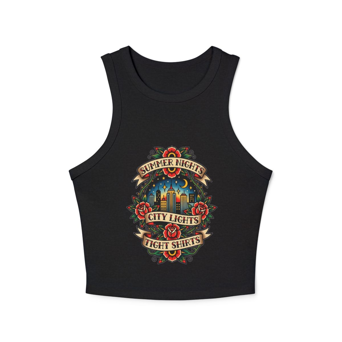 Summer Nights City Lights Racer Tank Top | Vintage Floral Tattoo Style - Image 3