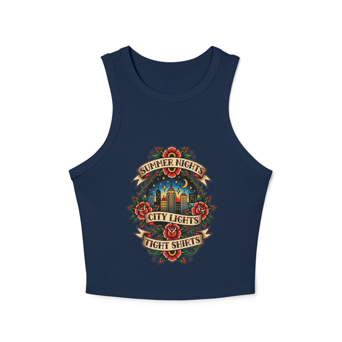 Summer Nights City Lights Racer Tank Top | Vintage Floral Tattoo Style - Image 4