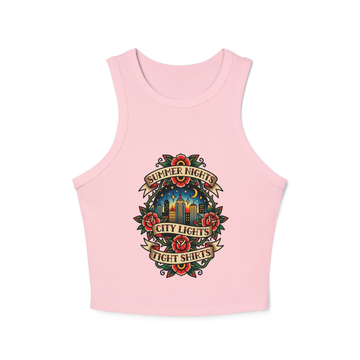 Summer Nights City Lights Racer Tank Top | Vintage Floral Tattoo Style - Image 5