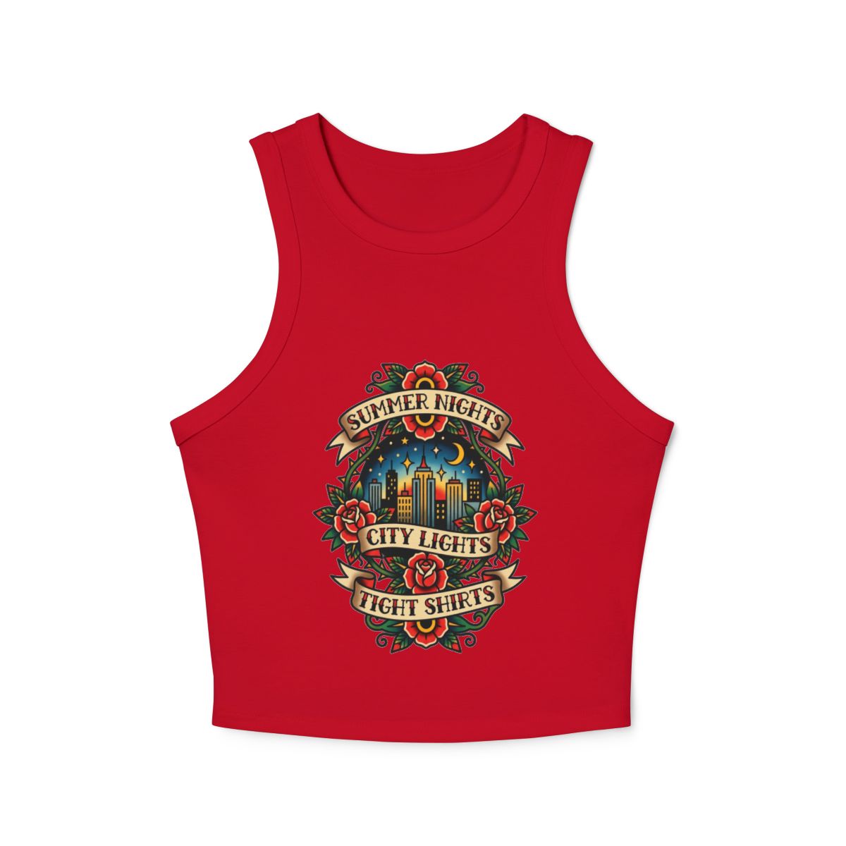 Summer Nights City Lights Racer Tank Top | Vintage Floral Tattoo Style - Image 6