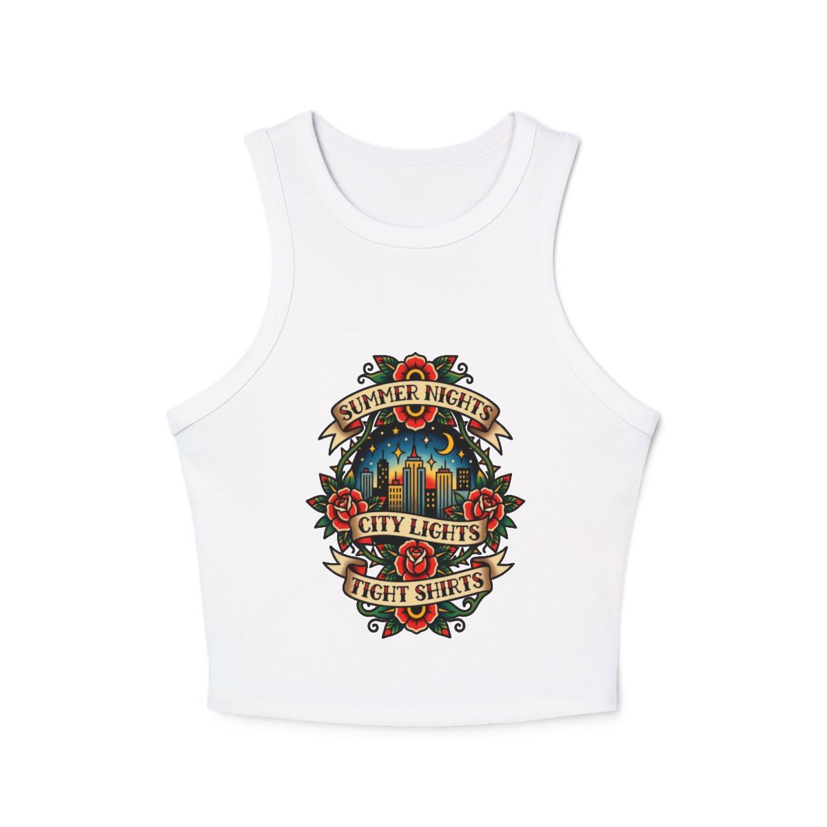 Summer Nights City Lights Racer Tank Top | Vintage Floral Tattoo Style - Image 7