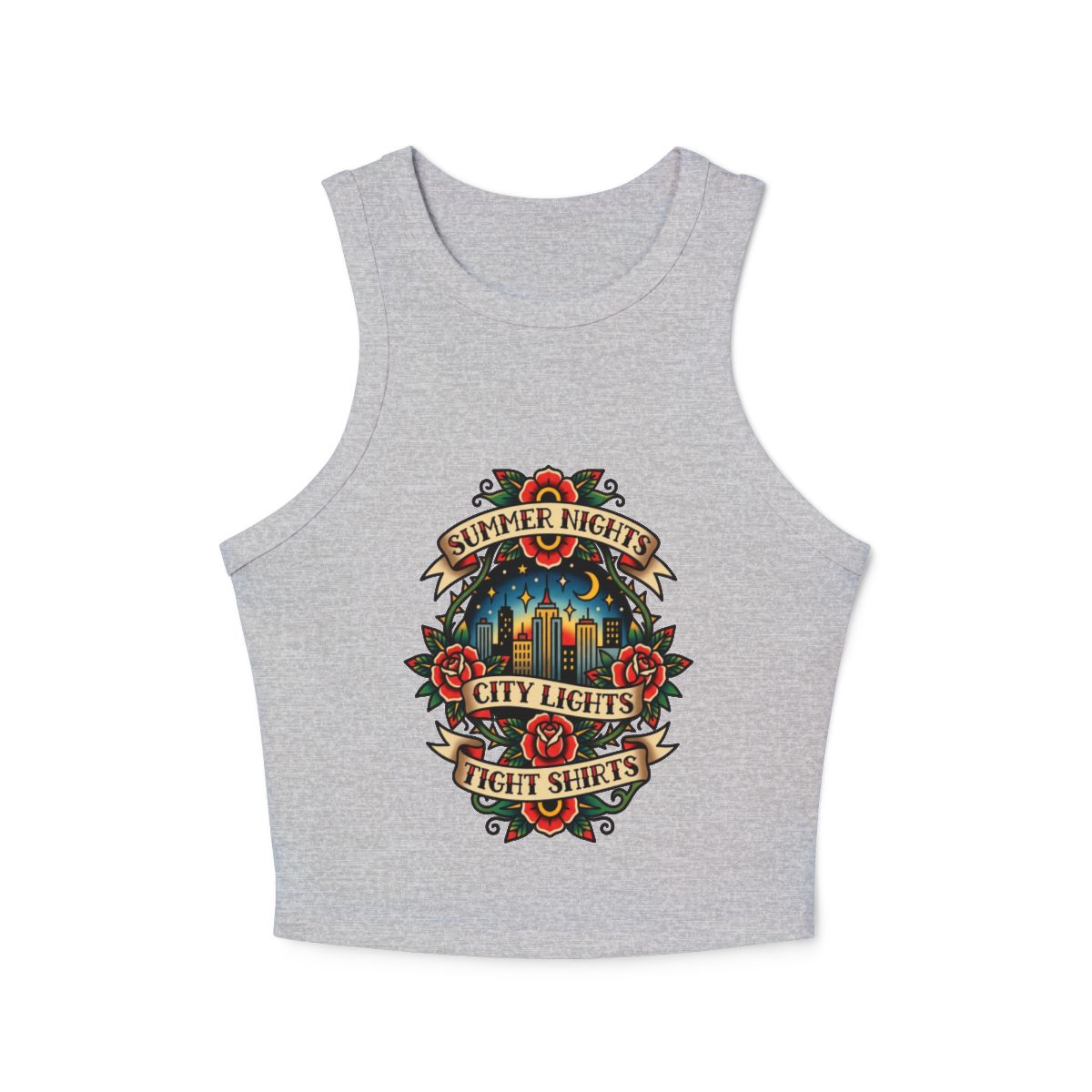 Summer Nights City Lights Racer Tank Top | Vintage Floral Tattoo Style - Image 2