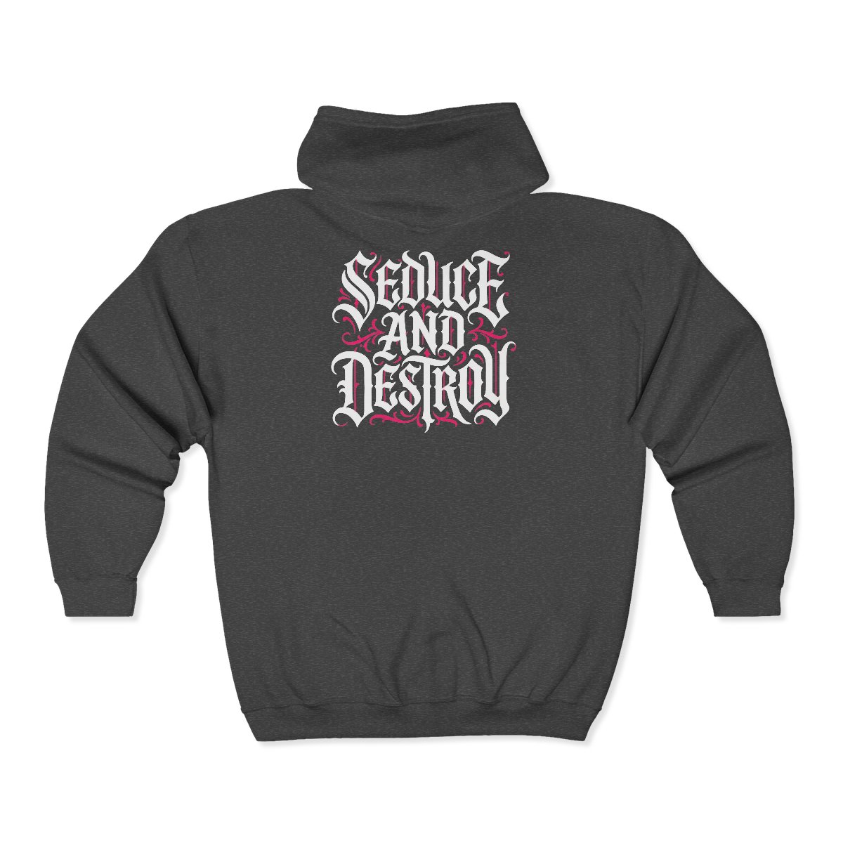 Seduce and Destroy Zip Hoodie | Gothic Script Graphic, Black Hooded Jacket - Image 3