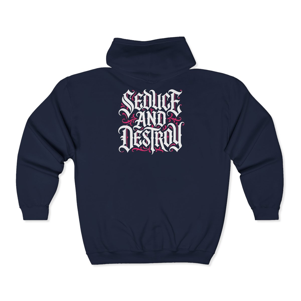 Seduce and Destroy Zip Hoodie | Gothic Script Graphic, Black Hooded Jacket - Image 4
