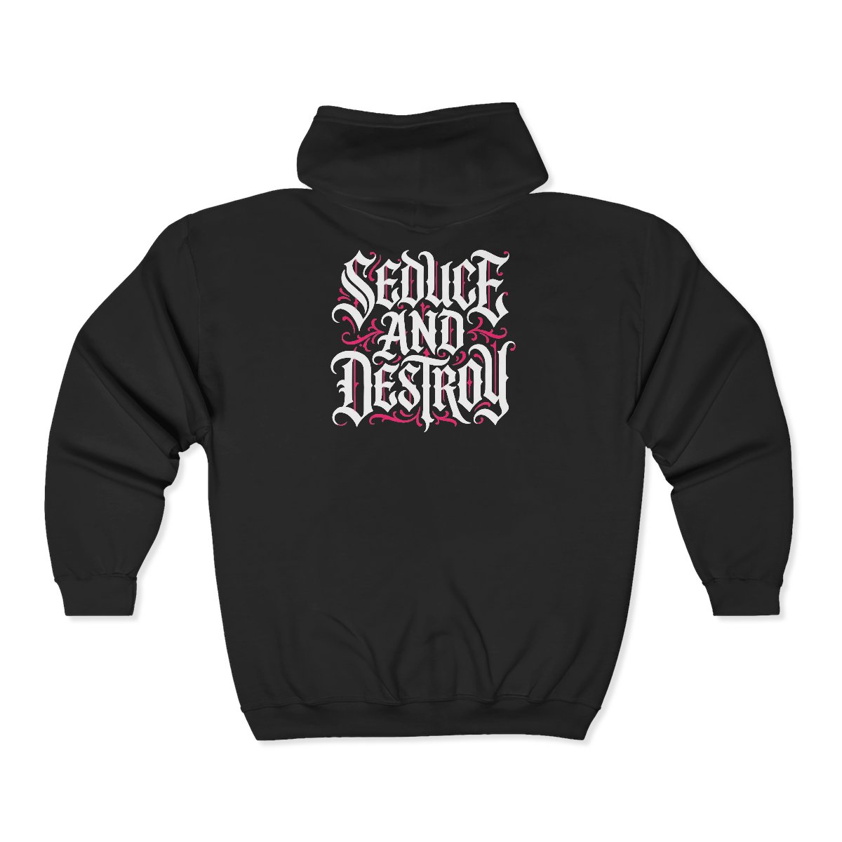 Seduce and Destroy Zip Hoodie | Gothic Script Graphic, Black Hooded Jacket - Image 2