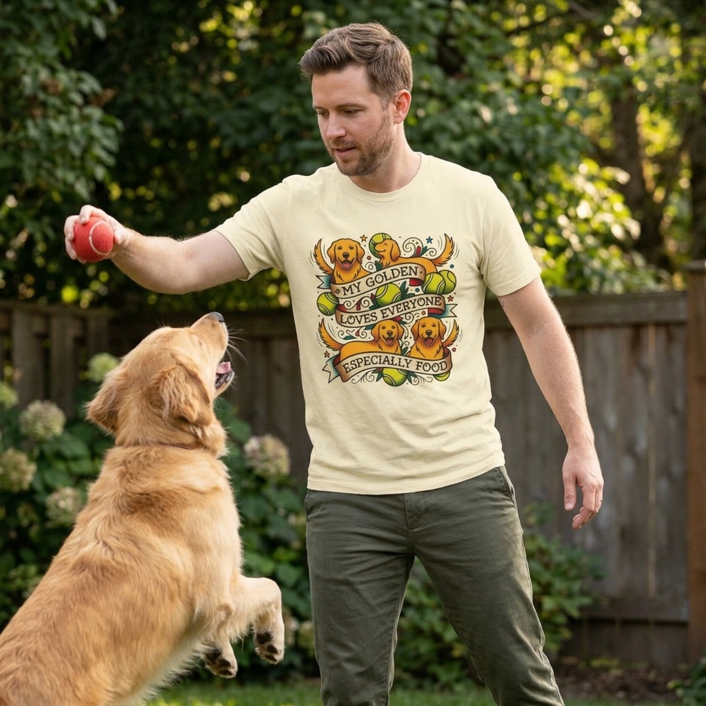 My Golden Loves Everyone Especially Food Tee | Golden Retriever Dog Design