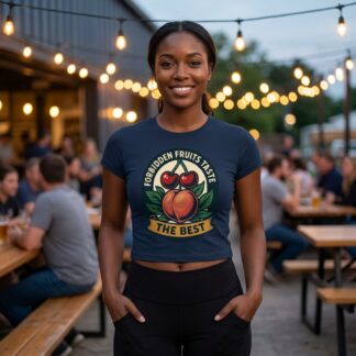 Forbidden Fruits peach and cherries baby tee lifestyle photo