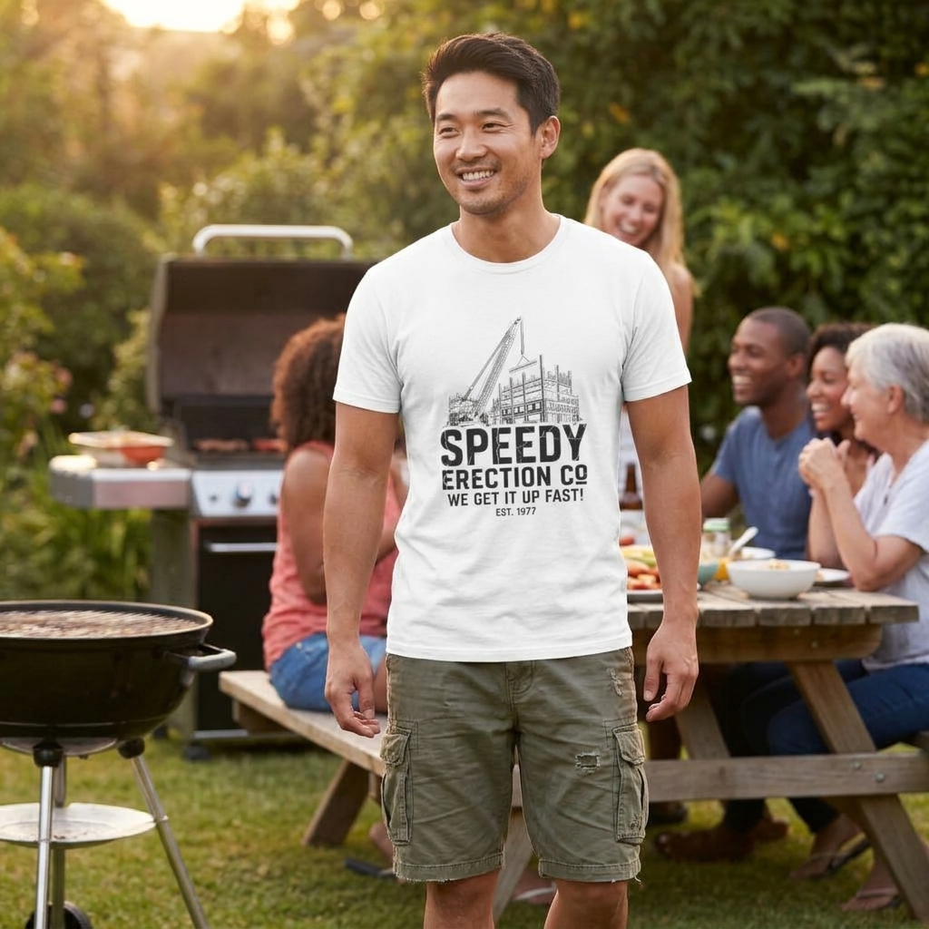 Speedy Erection Co We Get It Up Fast Tee | Construction Crane Vintage Shirt