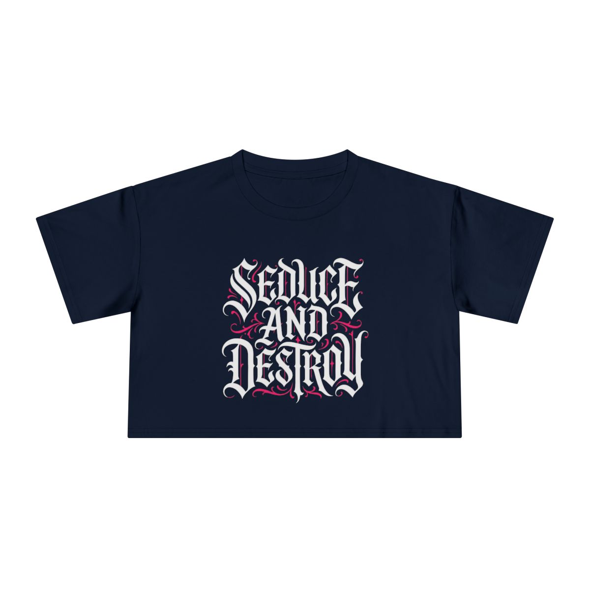 Seduce and Destroy crop tee | Gothic script, black graphic shirt - Image 4