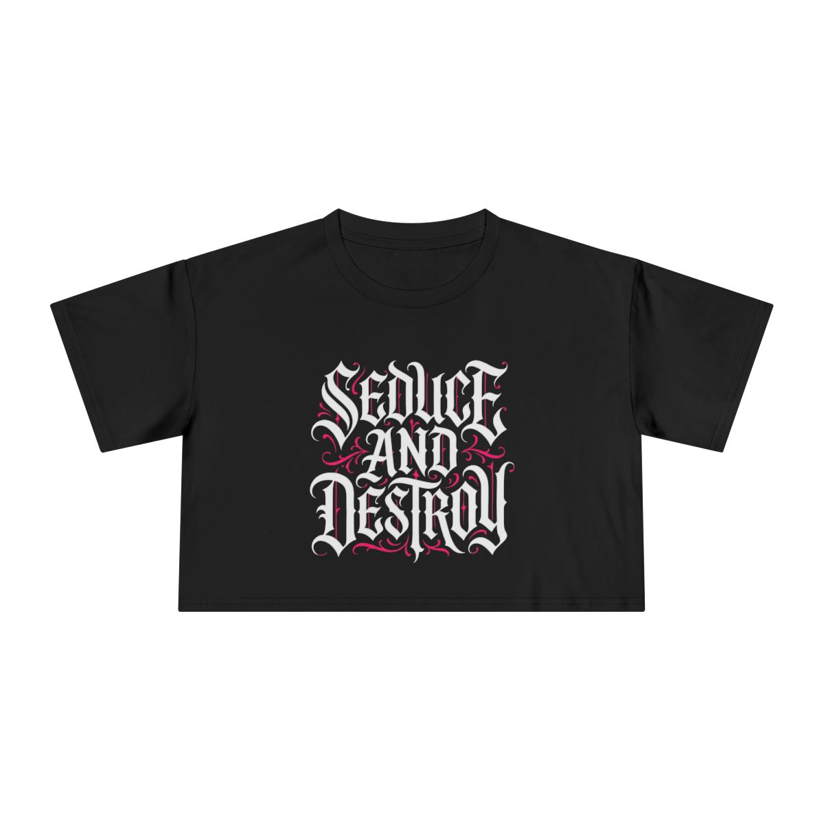 Seduce and Destroy crop tee | Gothic script, black graphic shirt - Image 2