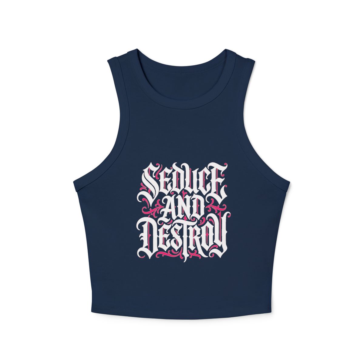 Seduce and Destroy Tank Top | Gothic Script, Pink Ink Splash - Image 3