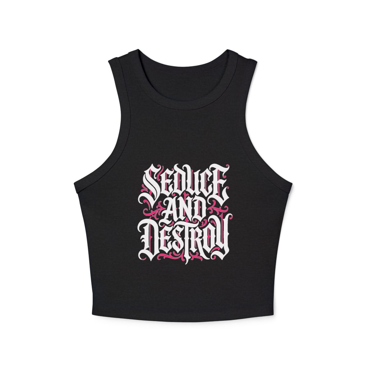 Seduce and Destroy Tank Top | Gothic Script, Pink Ink Splash - Image 2