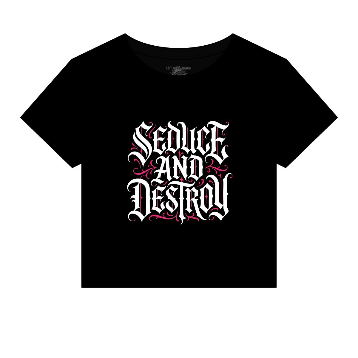 Seduce And Destroy tee | Graphic Crop Top, Gothic Script Design - Image 2
