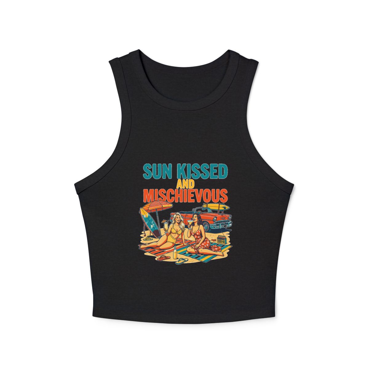 Sun Kissed Mischievous beach scene Tank Top | Retro Surf Girls Racerback - Image 3