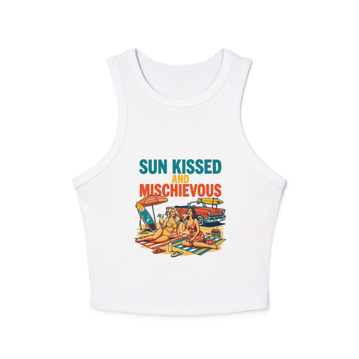 Sun Kissed Mischievous beach scene Tank Top | Retro Surf Girls Racerback - Image 5