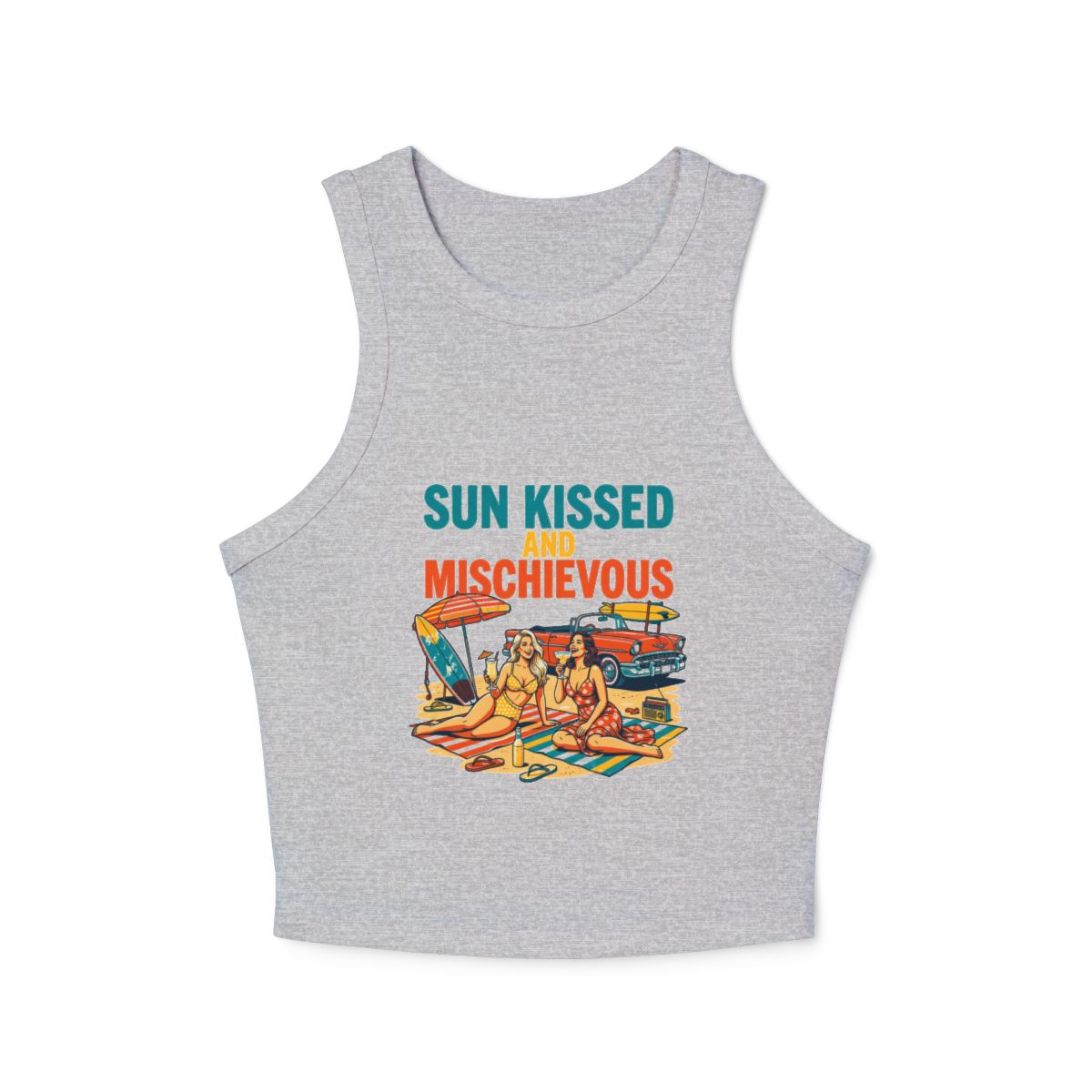 Sun Kissed Mischievous beach scene Tank Top | Retro Surf Girls Racerback - Image 2