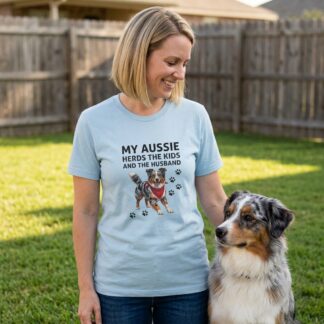 Australian Shepherd Mom Tee: My Aussie Herds the Kids lifestyle photo