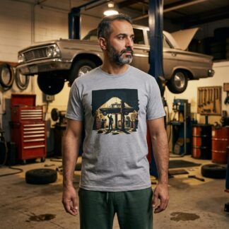 Garage Bay at Night Vintage Mechanic Tee lifestyle photo