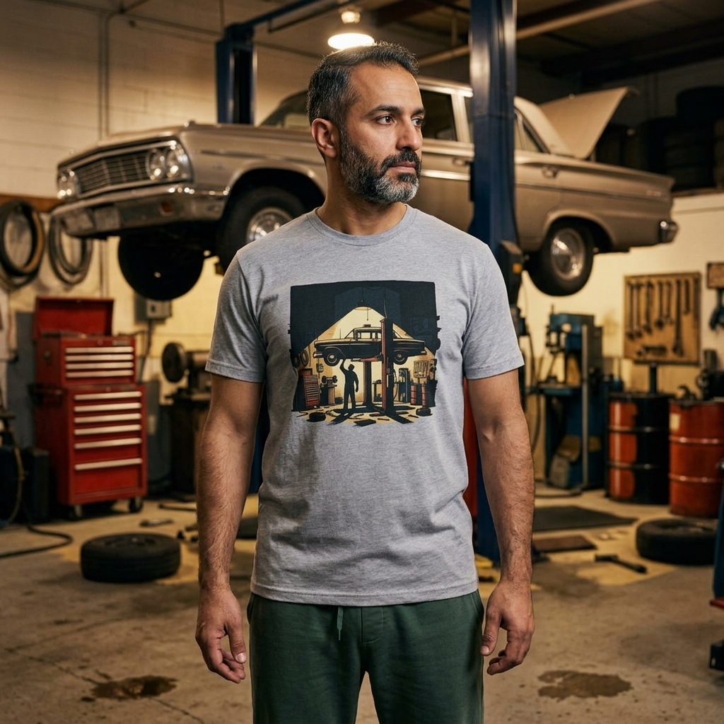 Garage Bay at Night Vintage Mechanic Tee