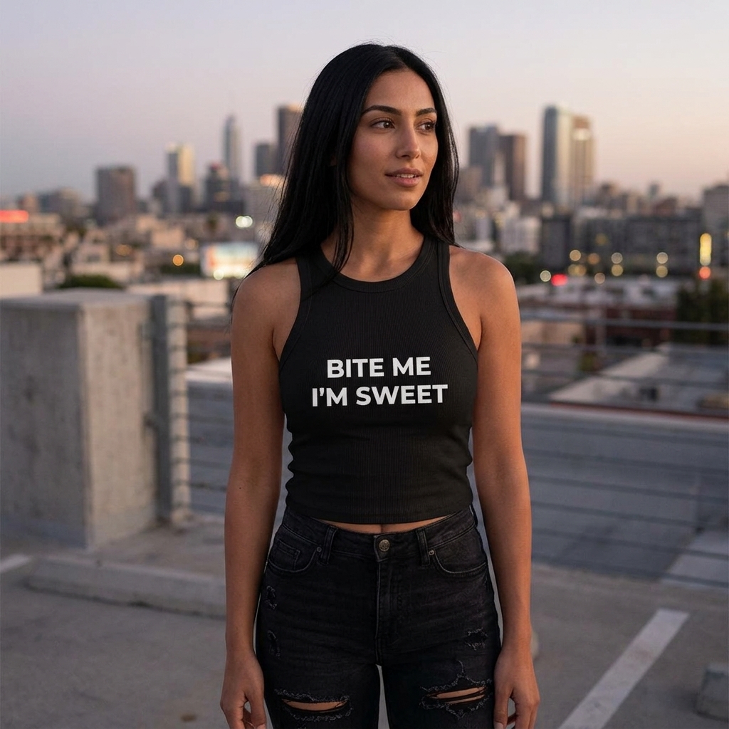 Bite Me I'm Sweet Racer Tank Top lifestyle photo